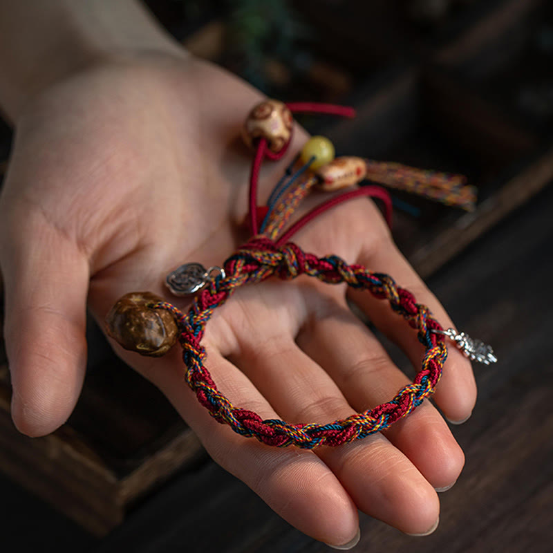 Wear FengShui Tibetan Handmade Colorful Thread 925 Sterling Silver Koi Fish Protection Strength String Bracelet