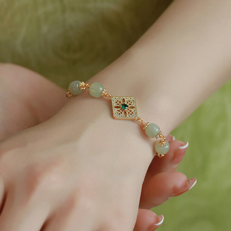 Wear FengShui Natural Hetian Jade Bead Square Pattern Luck Chain Bracelet