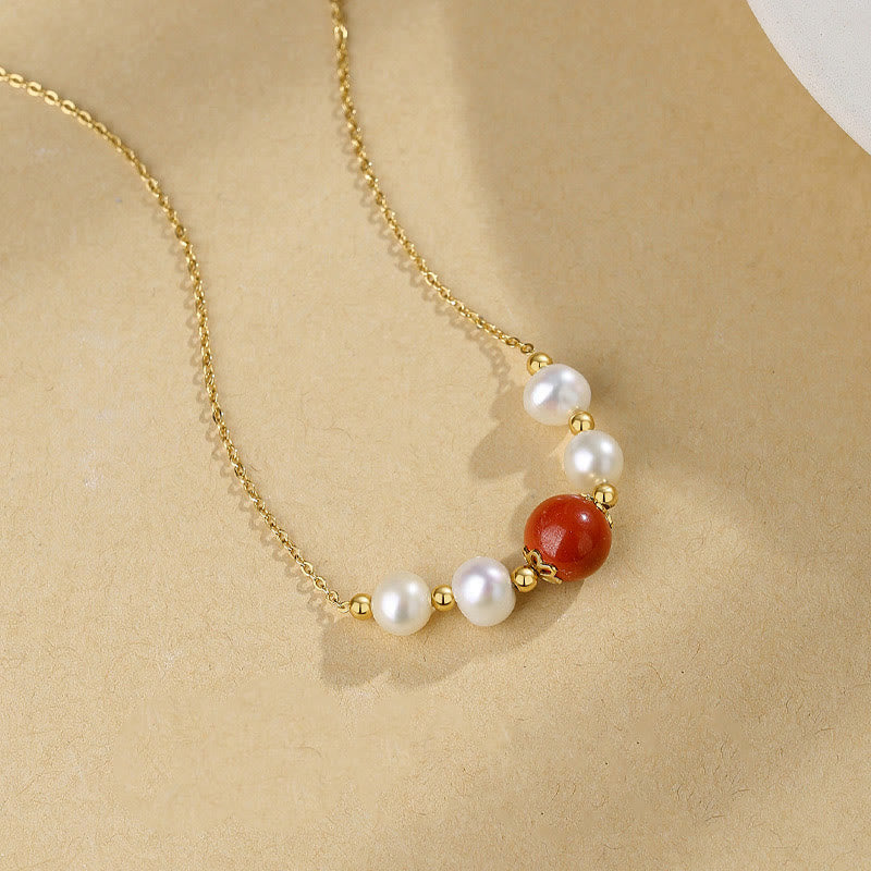 Wear FengShui 925 Sterling Silver Pearl Cinnabar Sincerity Healing Bead Chain Necklace Pendant