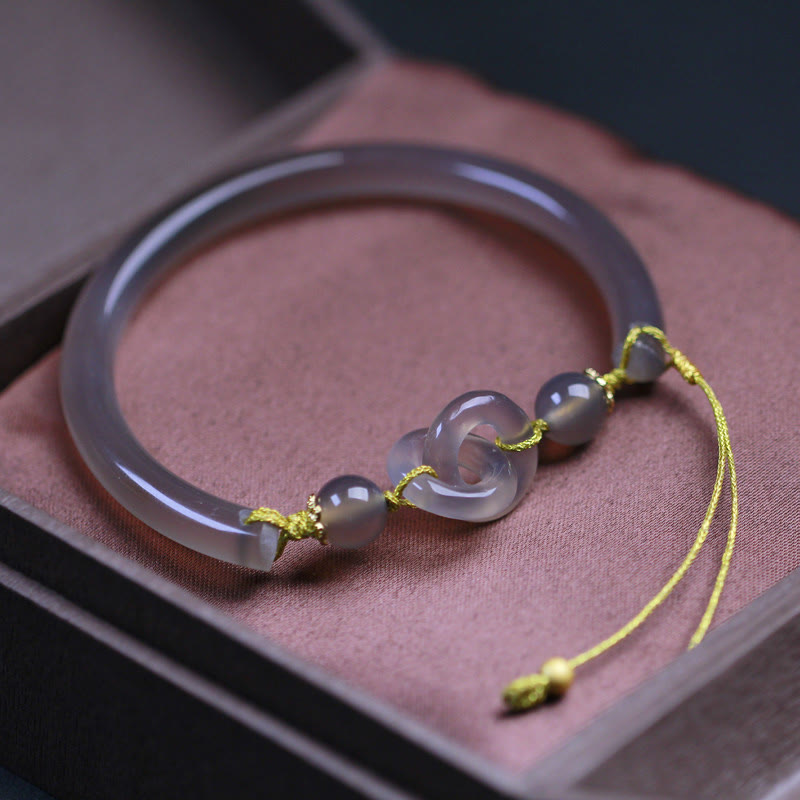 Wear FengShui Natural Gray Agate Double Peace Buckle Balance Bracelet Bangle