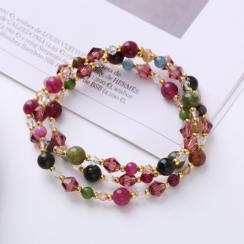 Wear FengShui Natural Tourmaline Strawberry Quartz Amethyst Peace Wisdom Double Wrap Bracelet