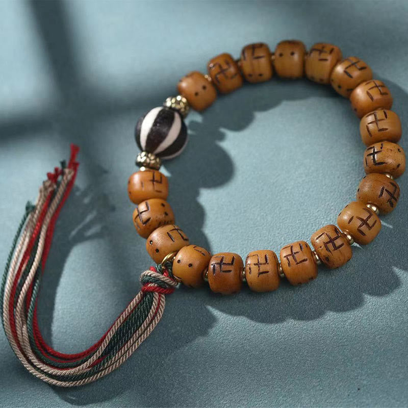 Wear FengShui Natural Tibetan Camel Bone Swastika Dzi Bead Shankha Buddha Charm Kirtimukha Luck Protection Tassel Bracelet
