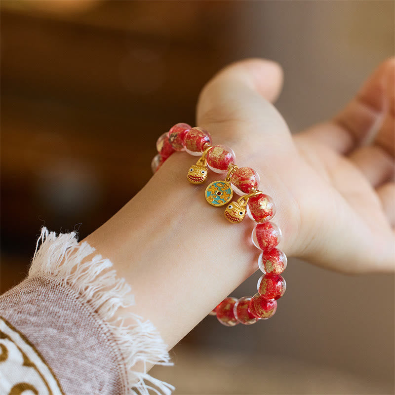 Wear FengShui Gold Swallowing Beast Copper Coin Good Luck Charm Liuli Glass Bead Fortune Bracelet