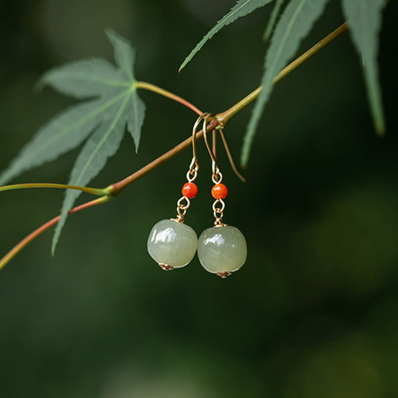Wear FengShui 925 Sterling Silver Plated 14k Gold Hetian Jade Red Agate Luck Drop Dangle Earrings