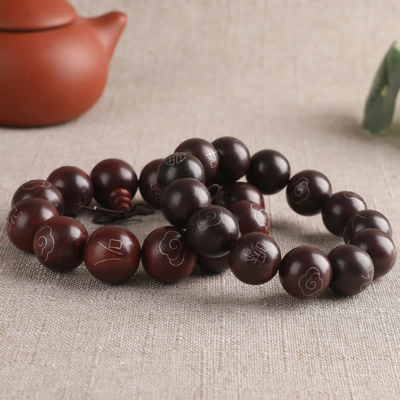 Wear FengShui 925 Sterling Silver Inlaid Small Leaf Red Sandalwood Om Mani Padme Hum Character Auspicious Clouds Protection Bracelet