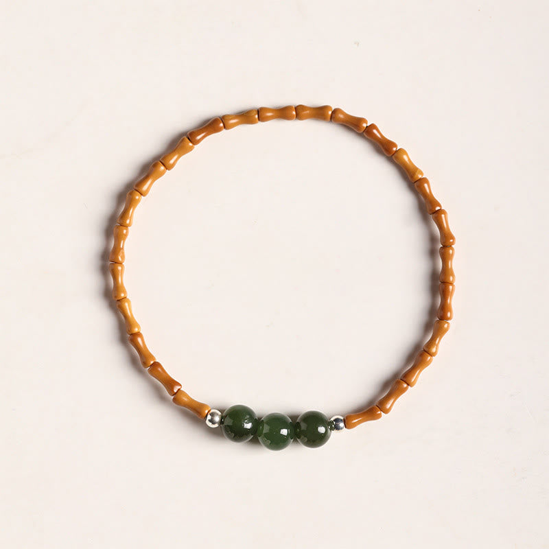 Wear FengShui Natural Olive Pit Bamboo Pattern Hetian Jade Beads Luck Bracelet