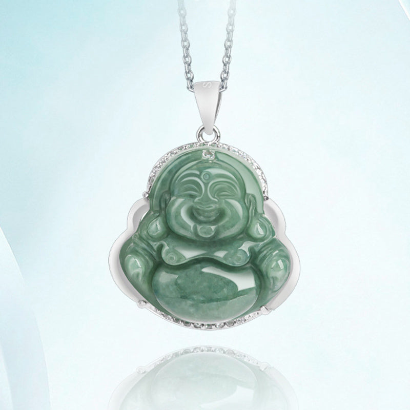 Wear FengShui Laughing Buddha Jade Abundance Necklace Titanium Steel Chain Pendant