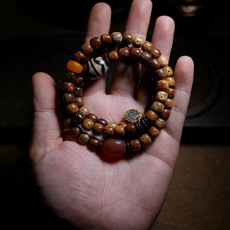 Wear FengShui Tibetan Bodhi Seed Amber Dzi Bead Agate Zakiram Goddess of Wealth Beads Triple Wrap Bracelet
