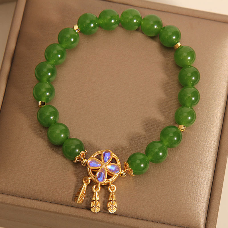 Wear FengShui Green Jade Dreamcatcher Four Leaf Clover Luck Bracelet