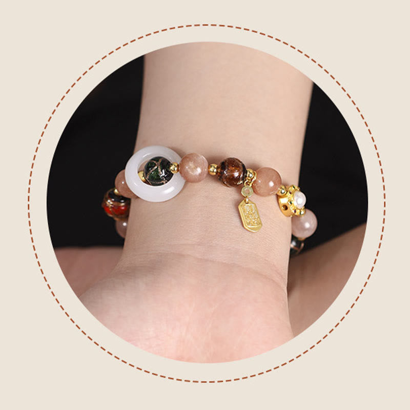 Wear FengShui Tibetan Incense Ash Liuli Glass Tridacna Stone Sun Stone Om Mani Padme Hum Prayer Wheel Charm Bracelet
