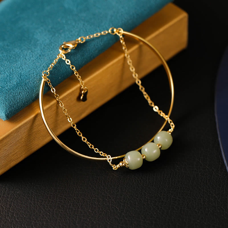 Wear FengShui Copper Plated Gold Hetian Jade Bead Luck Double Layer Bracelet Bangle