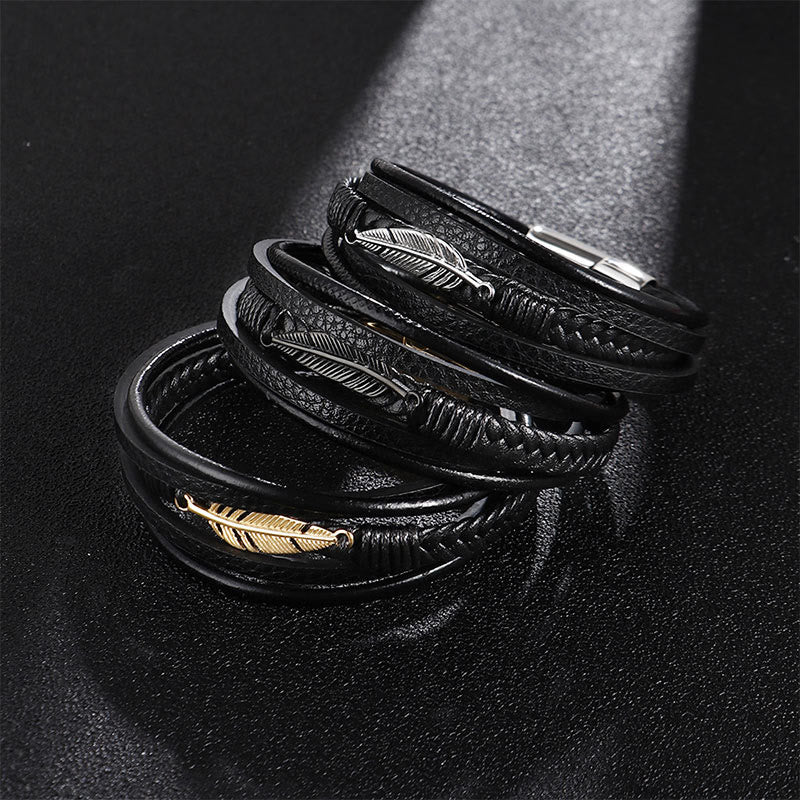 Wear FengShui Feather Pattern Multilayer Leather Titanium Steel Calm Braided Magnetic Buckle Bracelet
