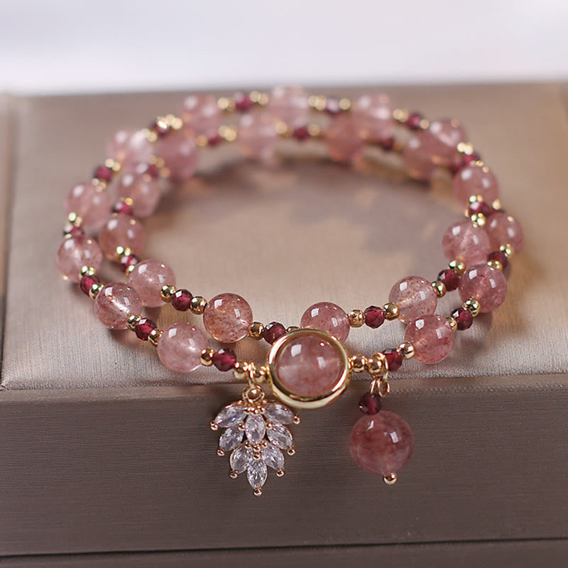 Wear FengShui Natural Strawberry Quartz Love Healing Maple Leaf Charm Double Wrap Bracelet