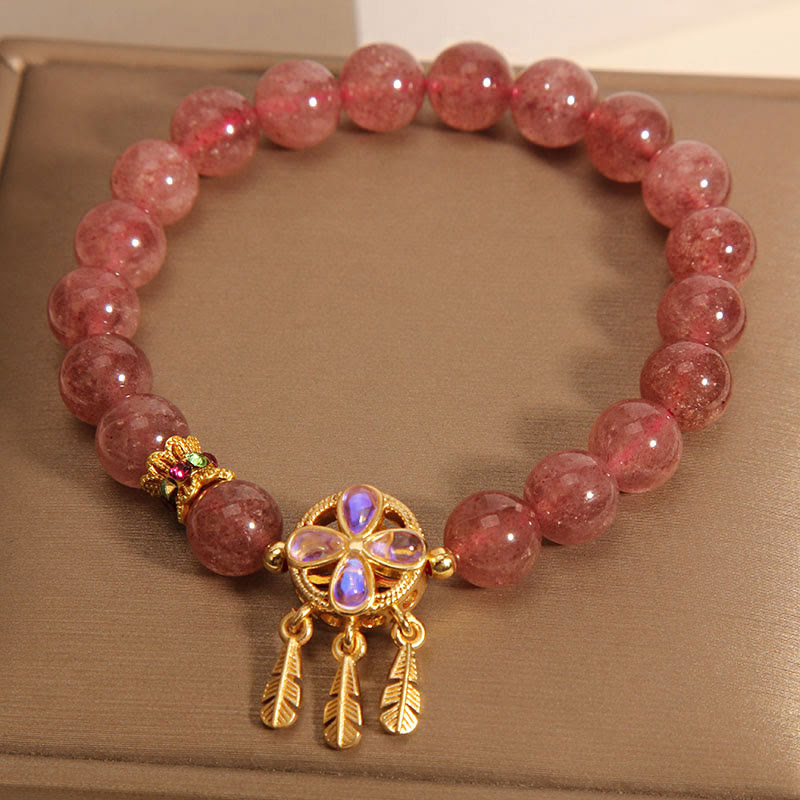 Wear FengShui Natural Strawberry Quartz Four Leaf Clover Dreamcatcher Charm Love Bracelet