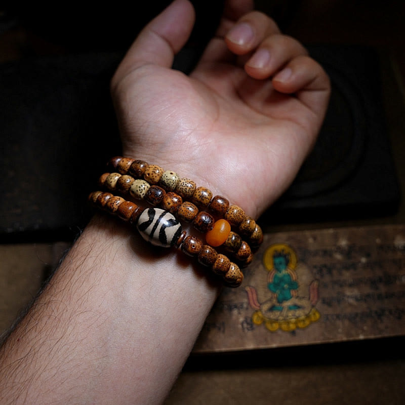 Wear FengShui Tibetan Bodhi Seed Amber Dzi Bead Agate Zakiram Goddess of Wealth Beads Triple Wrap Bracelet