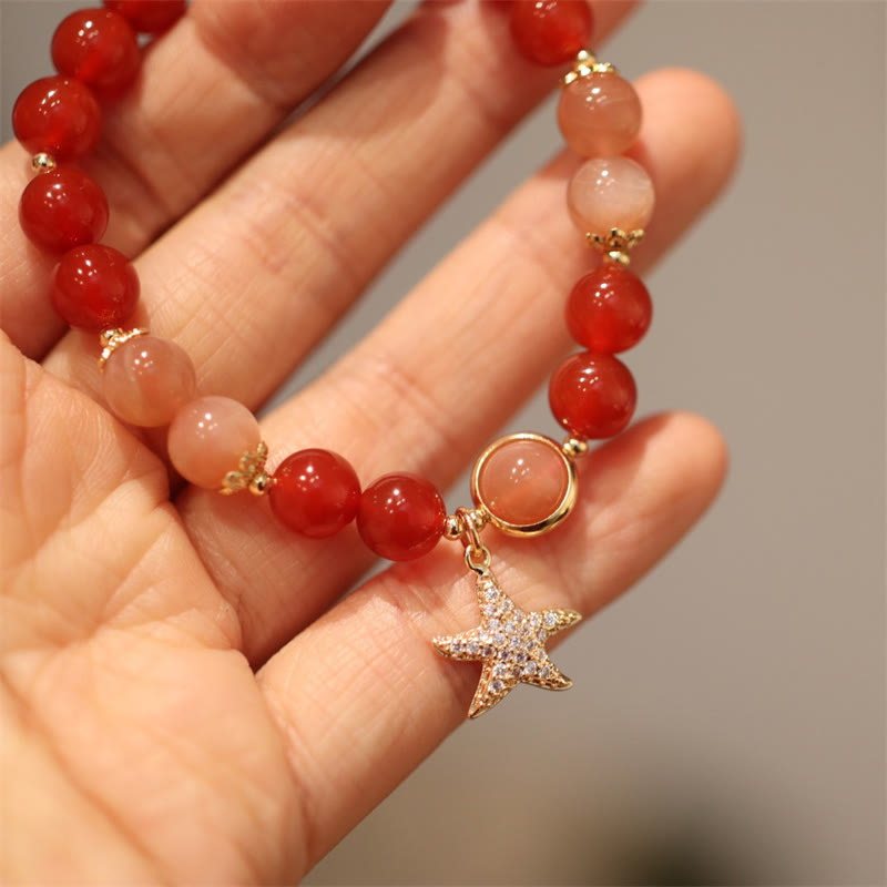 Wear FengShui Sun Stone Peach Moonstone Red Agate Crystal Star Wealth Bracelet