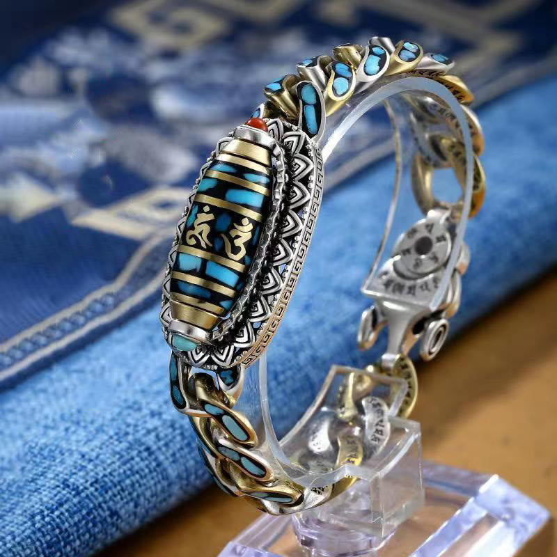 Wear FengShui Tibetan Nine-Eye Dzi Bead Om Mani Padme Hum Turquoise Protection Rotatable Bracelet