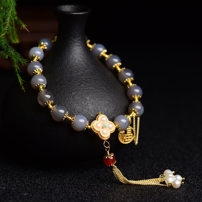 Wear FengShui Natural Gray Agate Fu Character Pearl Tassel Balance Bracelet