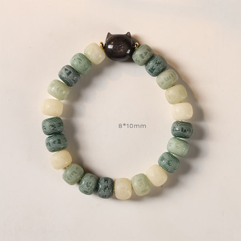 Wear FengShui Bodhi Seed Silver Sheen Obsidian Cat Head Om Mani Padme Hum Engraved Harmony Bracelet