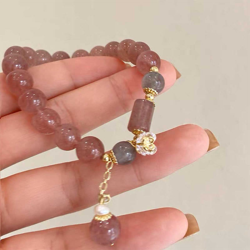 Wear FengShui Natural Strawberry Quartz Zircon Flower Positive Charm Bracelet