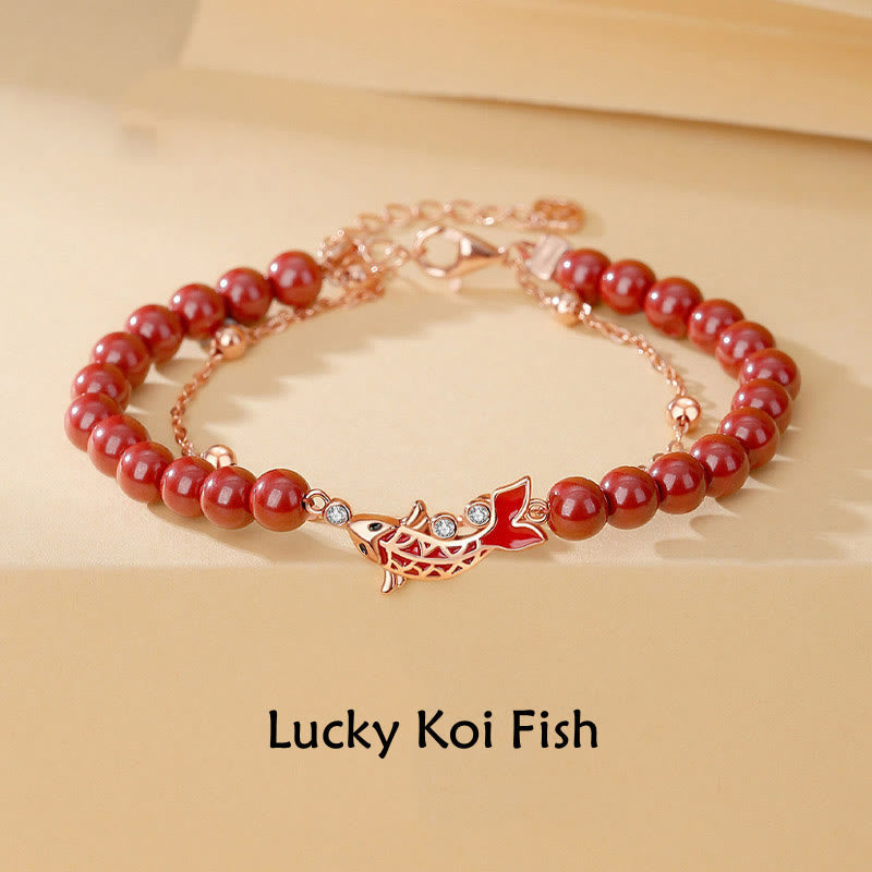 Wear FengShui 925 Sterling Silver Lucky Koi Fish Cinnabar Zircon Prosperity Double Layer Chain Bracelet