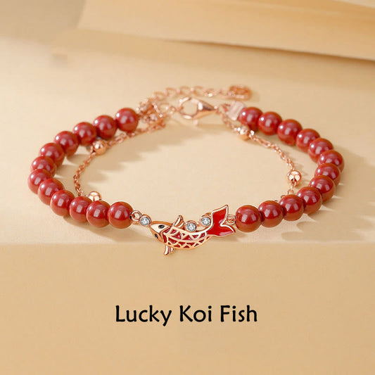 Wear FengShui 925 Sterling Silver Lucky Koi Fish Cinnabar Zircon Prosperity Double Layer Chain Bracelet