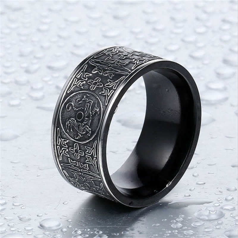 Wear FengShui Four Guardian Beast Dragon White Tiger Suzaku Basalt Carved Success Luck Ring