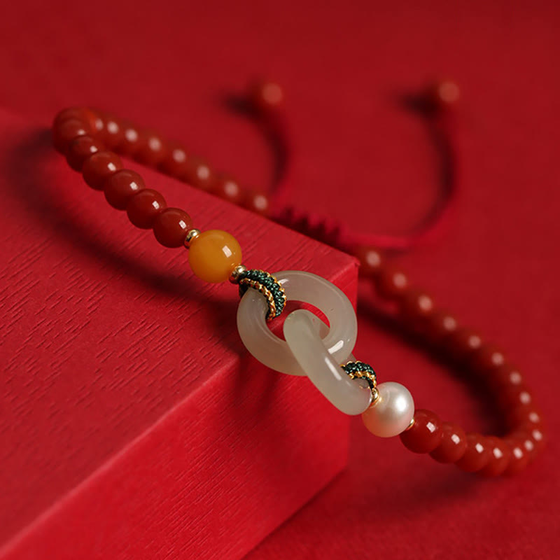 Wear FengShui Natural Red Agate Hetian Jade Double Peace Buckle Confidence Bracelet