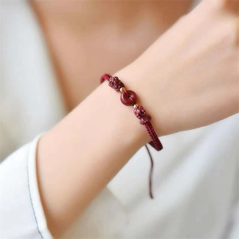 Wear FengShui Cinnabar PiXiu Blessing Copper Coin Peace Buckle Red String Bracelet