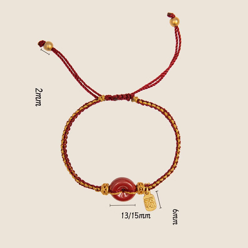 Wear FengShui Natural Cinnabar Peace Buckle Fu Character Charm Blessing Braided Bracelet