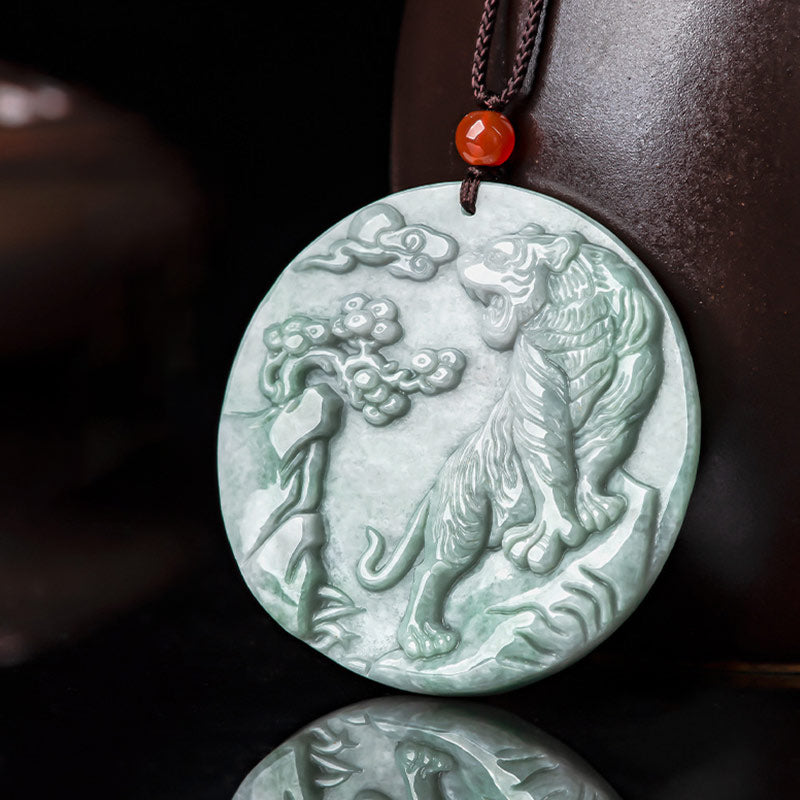 Wear FengShui Chinese Zodiac Tiger Jade Protection Necklace String Pendant