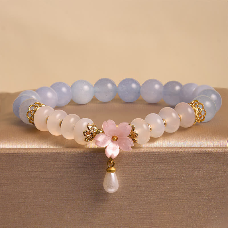 Wear FengShui Aquamarine White Agate Pearl Abacus Beads Flower Healing Bracelet