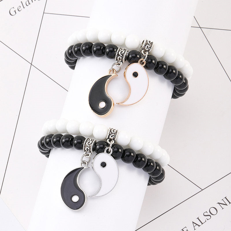 Wear FengShui 2Pcs Black Onyx White Turquoise Bead Yin Yang Protection Couple Bracelet