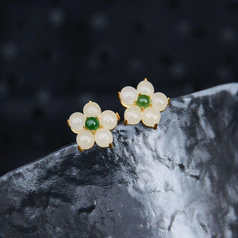 Wear FengShui White Jade Flower Luck Blessing Stud Earrings