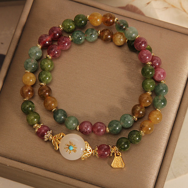 Wear FengShui Natural Multicolored Tourmaline Positive Jade Flower Double Wrap Bracelet