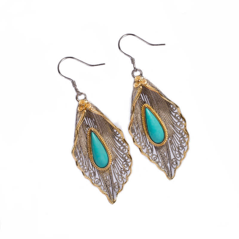 Wear FengShui 925 Sterling Silver Turquoise Bodhi Leaf Pattern Protection Drop Dangle Earrings