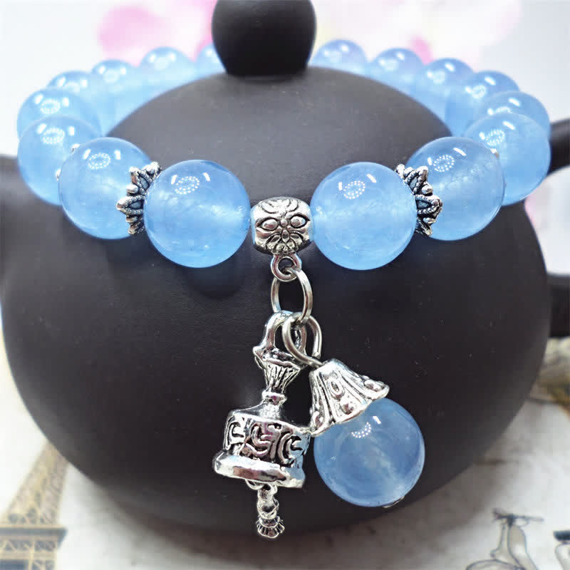 Wear FengShui Vintage Crystal Chalcedony Stone Energy Beaded Bell Charm Bracelet