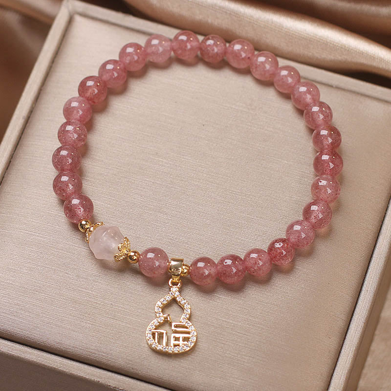 Wear FengShui Strawberry Quartz Gourd Fu Character Charm Positive Bracelet