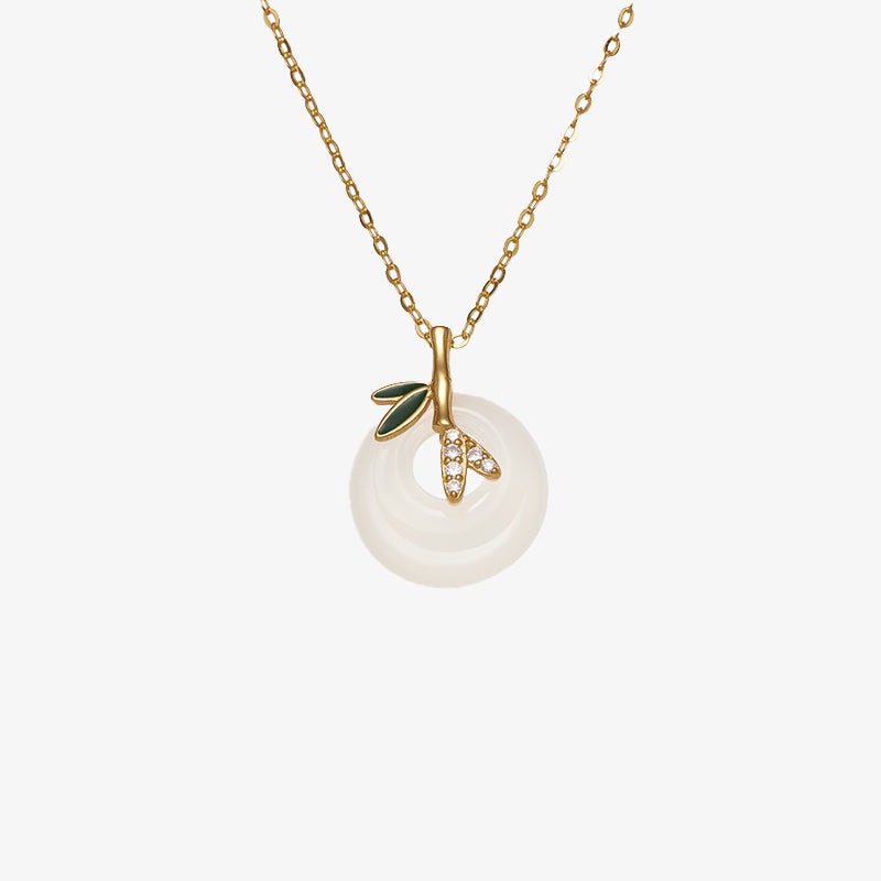 Wear FengShui 925 Sterling Silver Natural Chalcedony Bamboo Leaf Peace Buckle Positive Necklace Pendant