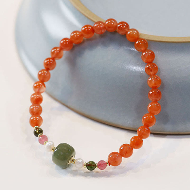 Wear FengShui Natural Red Agate Hetian Jade Bead Confidence Calm Bracelet