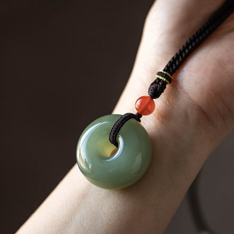Wear FengShui Natural Round Jade Gray Jade Peace Buckle Luck Necklace Pendant
