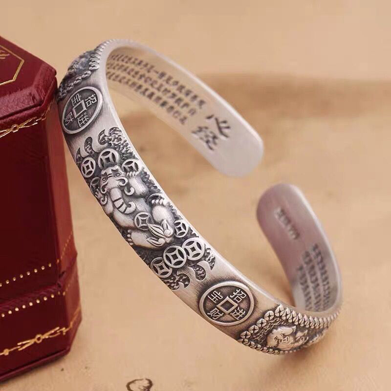 Wear FengShui Tibetan PiXiu Heart Sutra Coin White Copper Wealth Bracelet Adjustable Bangle