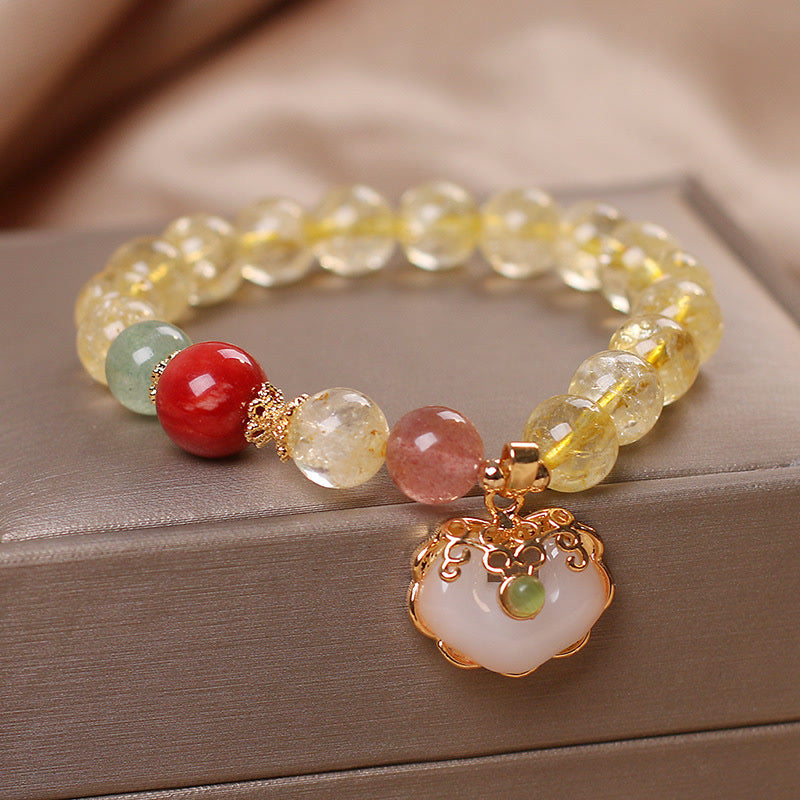 Wear FengShui Natural Citrine White Jade Strawberry Quartz Protection Charm Bracelet