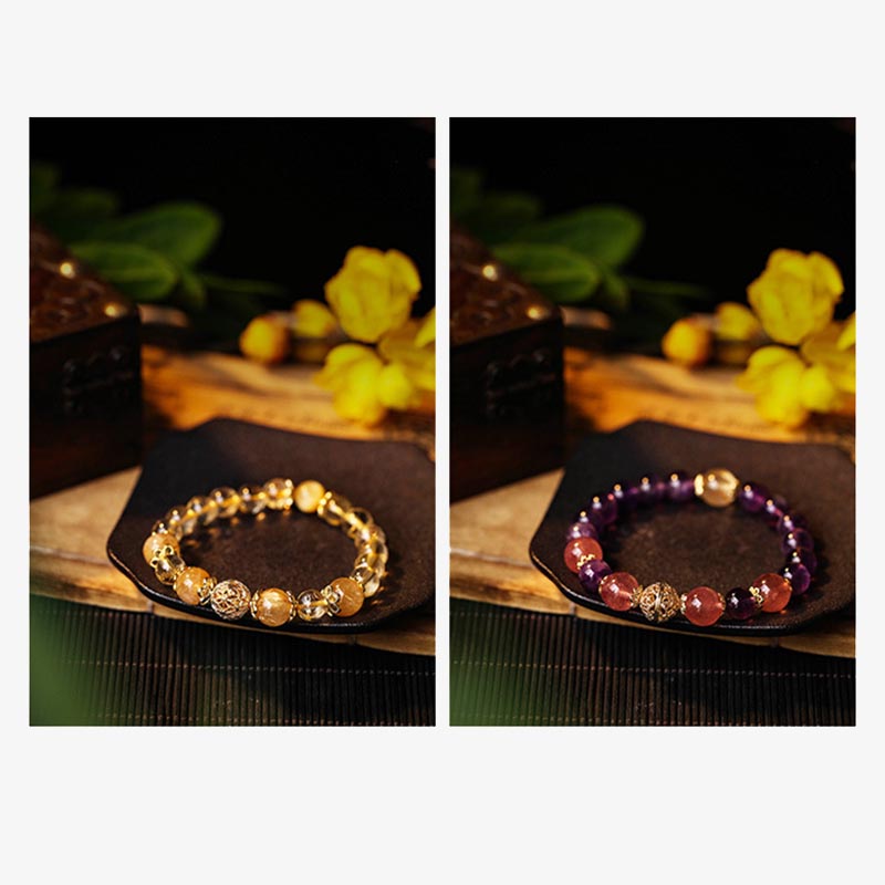Wear FengShui Natural Citrine Amethyst Rutilated Quartz Prosperity Protection Bracelet