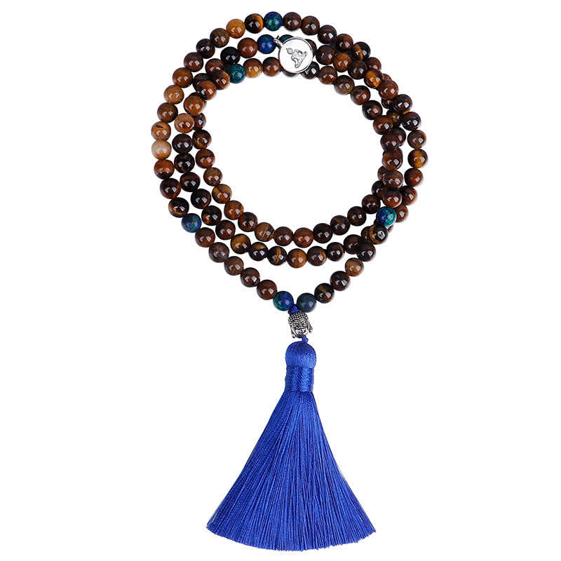 Wear FengShui 108 Mala Beads Tiger Eye Buddha Strength Bracelet Tassel Necklace Pendant