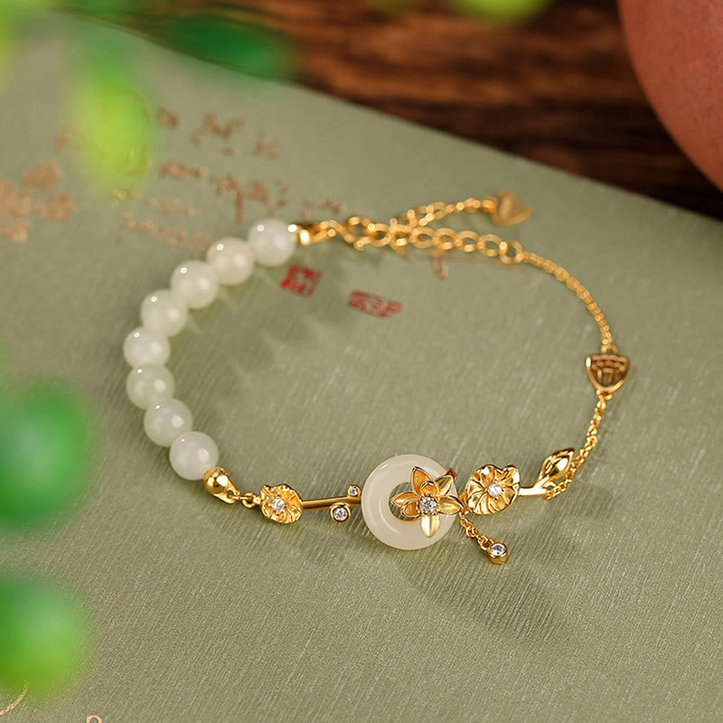 Wear FengShui 925 Sterling Silver Hetian Jade Peace Buckle Lotus Luck Chain Bracelet