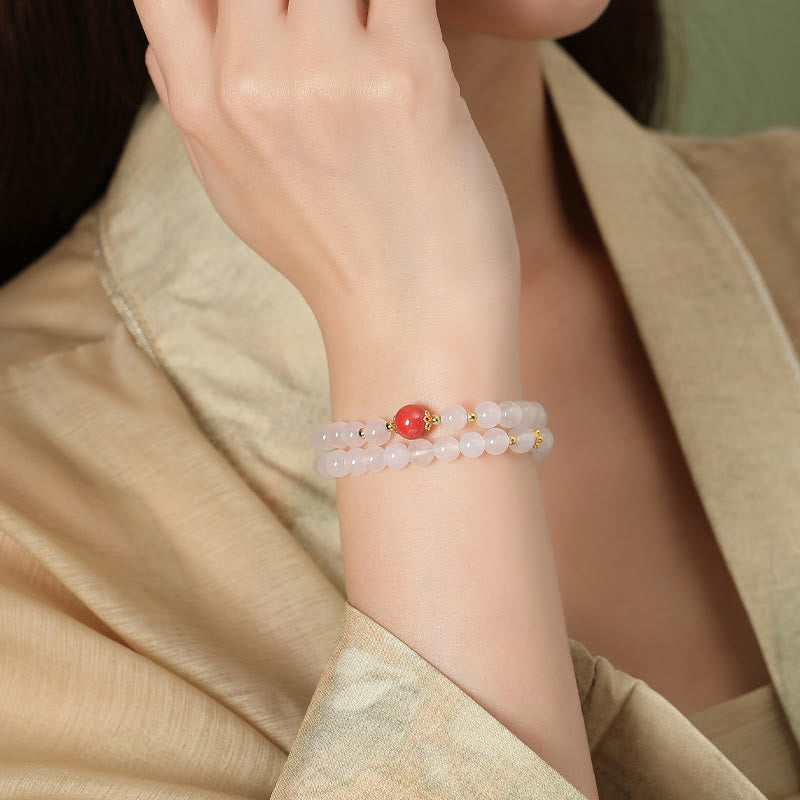 Wear FengShui 925 Sterling Silver Natural White Agate Cinnabar Double Wrap Protection Bracelet