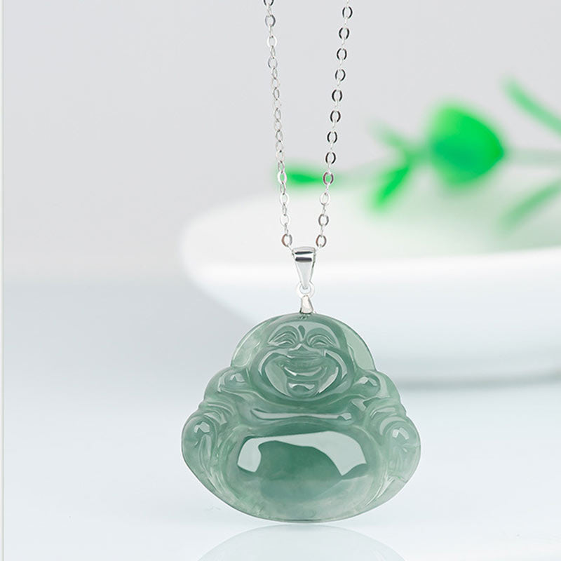 Wear FengShui Laughing Buddha Jade Protection Calm Titanium Steel Chain Necklace Pendant
