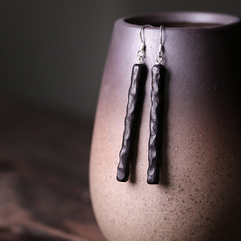 Wear FengShui 925 Sterling Silver Ebony Wood Texture Balance Peace Drop Dangle Earrings