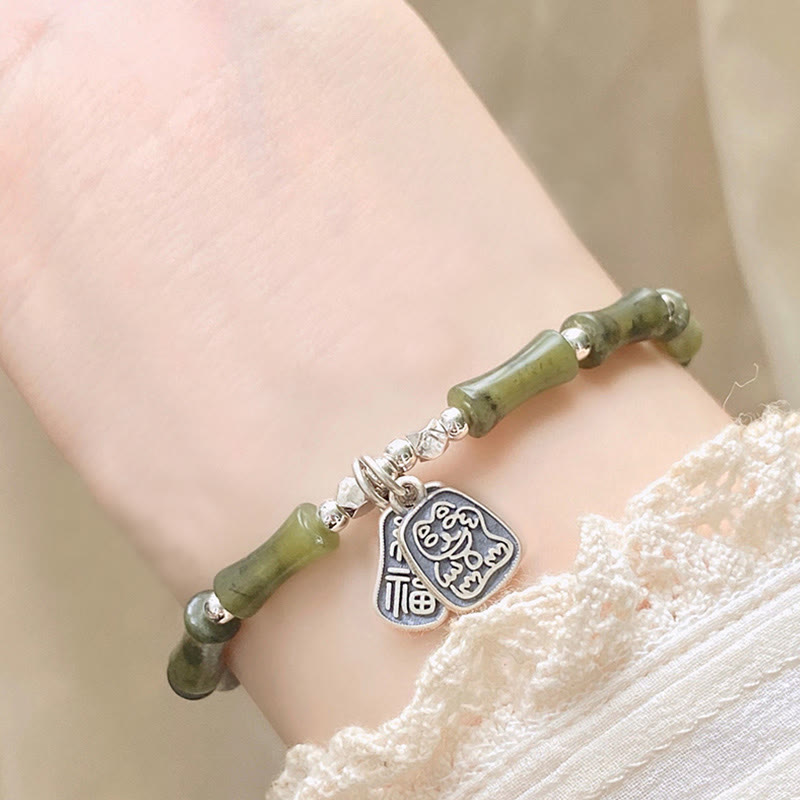 Wear FengShui 925 Sterling Silver Bamboo Jade Lucky Cat Fu Character Luck Abundance Bracelet